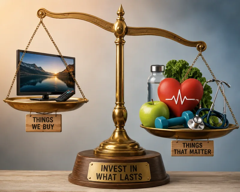A scale weighing things we buy against things that matter with the message invest in what lasts