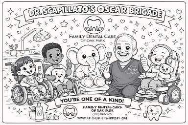 Dr. Scapillato's Oscar Brigade coloring sheet featuring children, Oscar the elephant, and Dr. Scapillato