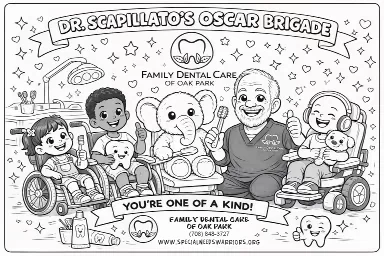 Dr. Scapillato's Oscar Brigade coloring sheet featuring children, Oscar the elephant, and Dr. Scapillato