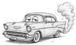 Cartoon of a smiling 1957 classic car