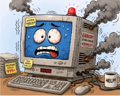 Cartoon of a frustrated computer overheating and blowing smoke
