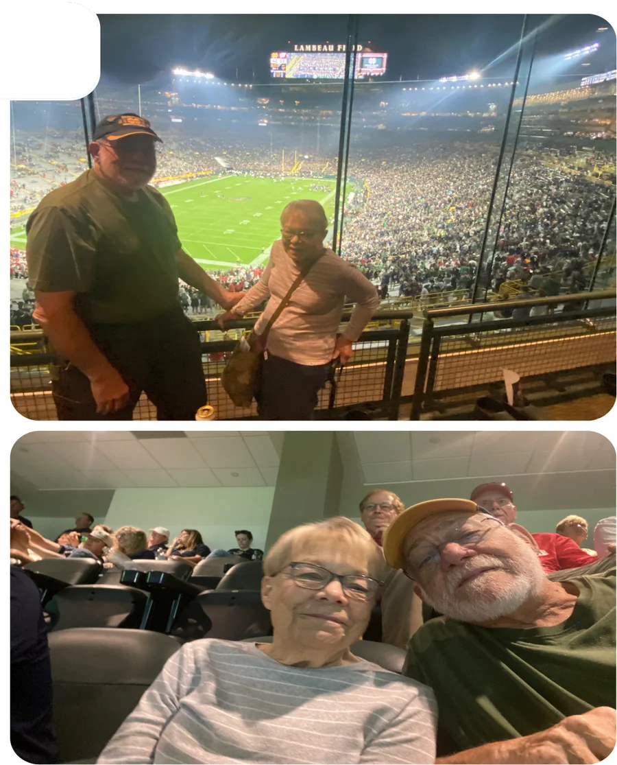Dr. Jim and Sally enjoying the Notre Dame game at Lambeau Field