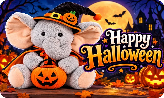 Happy Halloween — an elephant in a witch costume with pumpkins